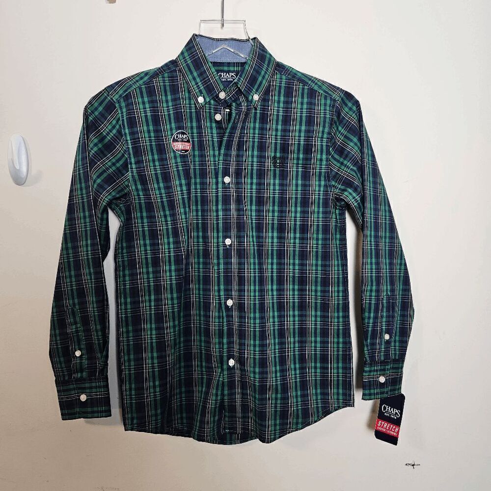 CHAPS Youth Boys Plaid Button front Long sleeve shirt Green and Black Size Mediu